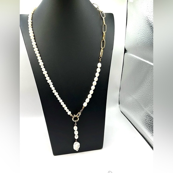 Pearl and Paperclip Chain Necklace Double Señorita Clasp GoldTone Long Lariat - Picture 7 of 15
